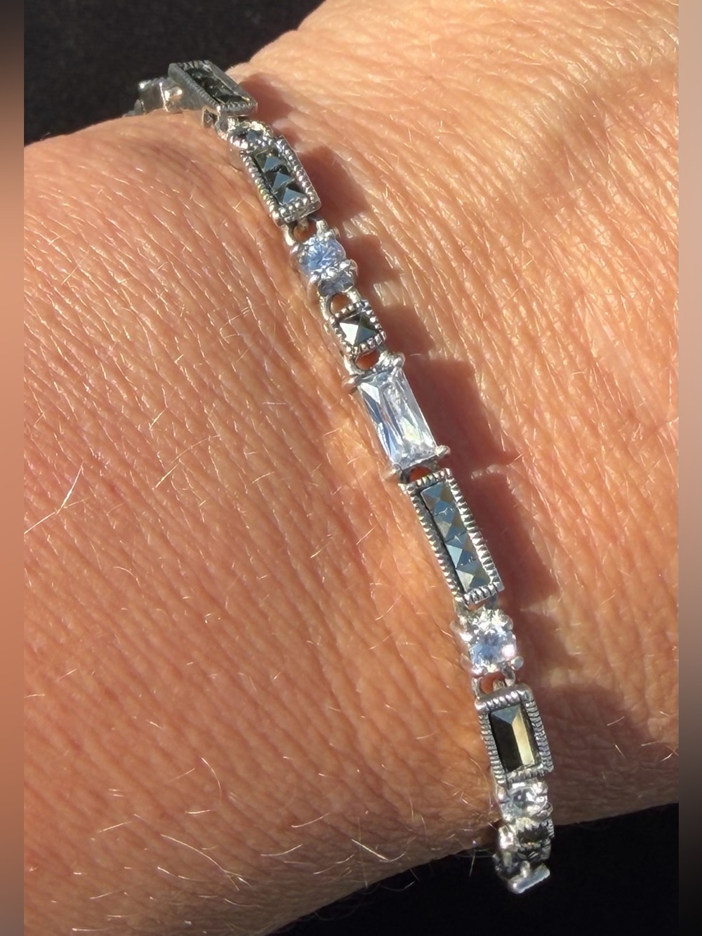 Vintage Marcasite & Crystal .925 Sterling Silver Art Deco Bracelet